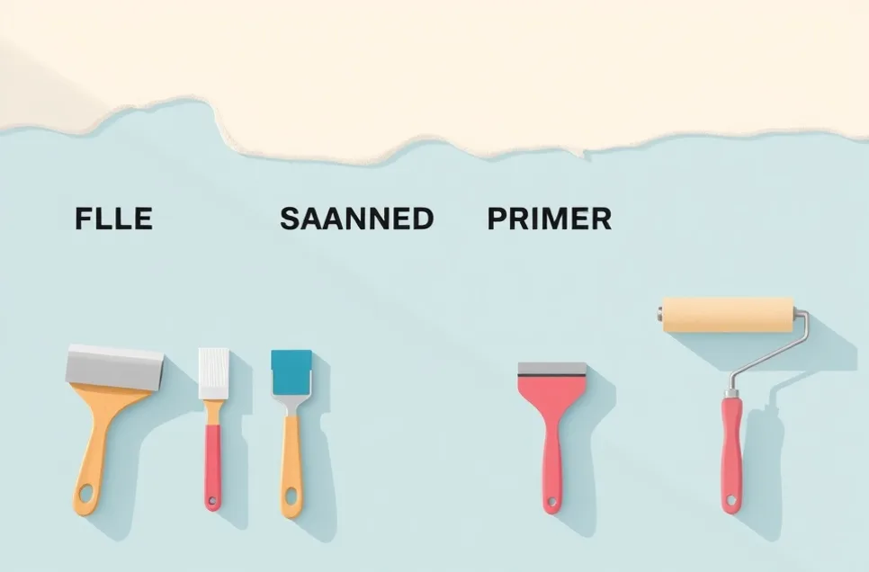 Outils de peinture disposés dans l'ordre des étapes du chantier