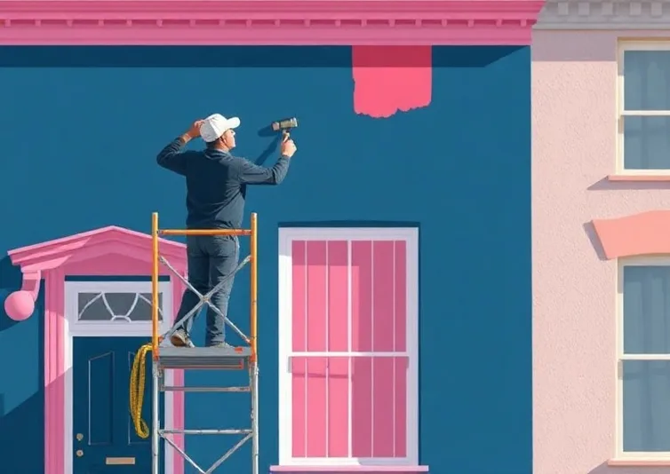 Peintre sur échafaudage traitant la façade d'une maison