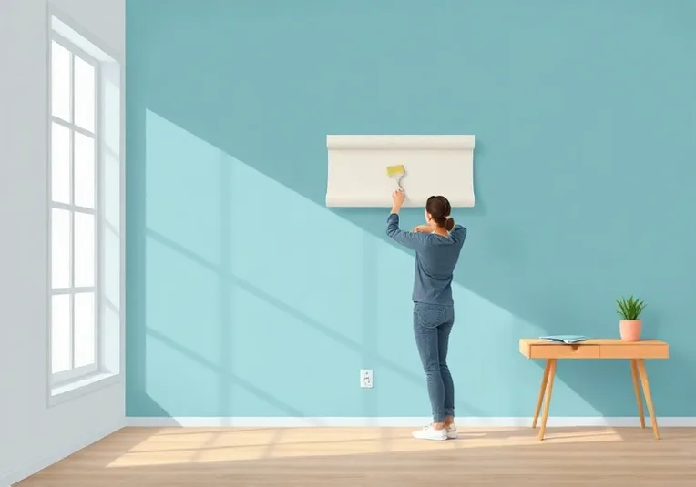 Pose de papier peint, rouleau et brosse à maroufler
